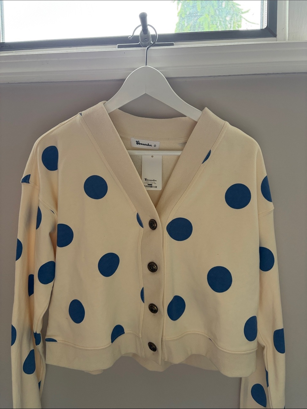 Polka Dot Button-Front Cropped Cardigan Sweatshirt - Cream/Blue